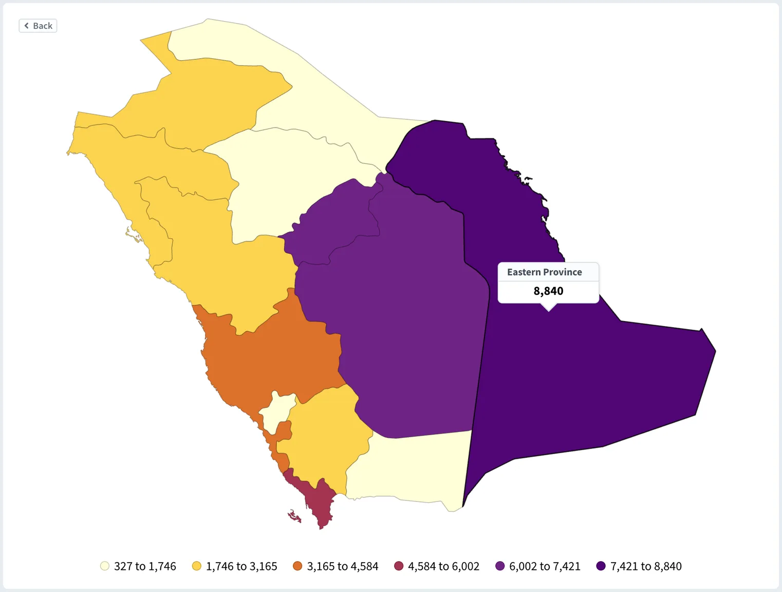 Map of Saudi Arabia shaded by region